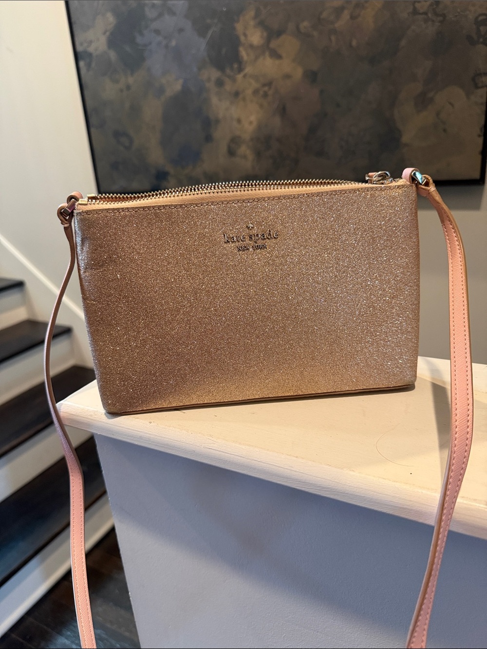 kate spade Rose Gold Glitter Crossbody with Pink Strap